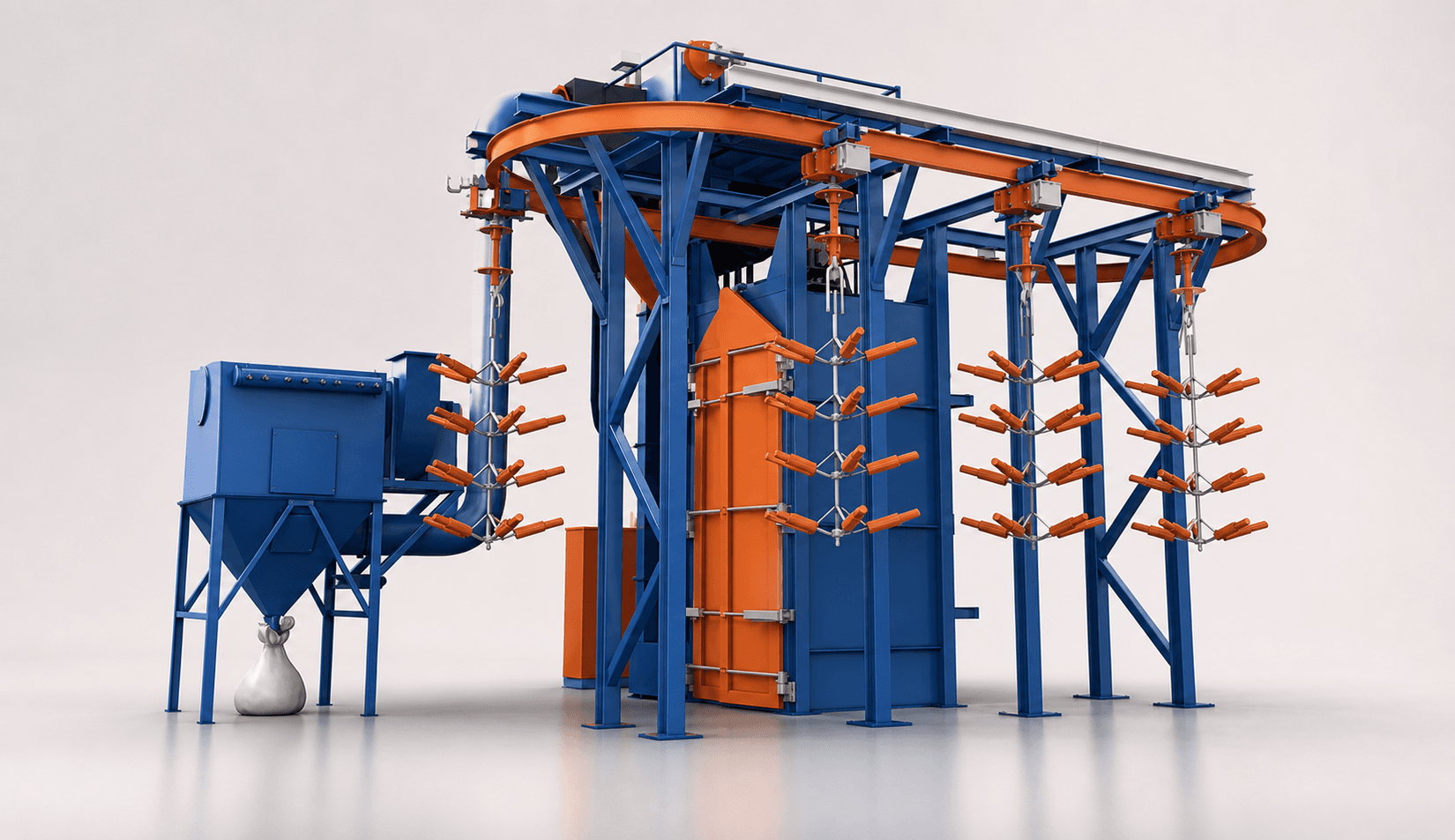 Overhead conveyor shot blast machine